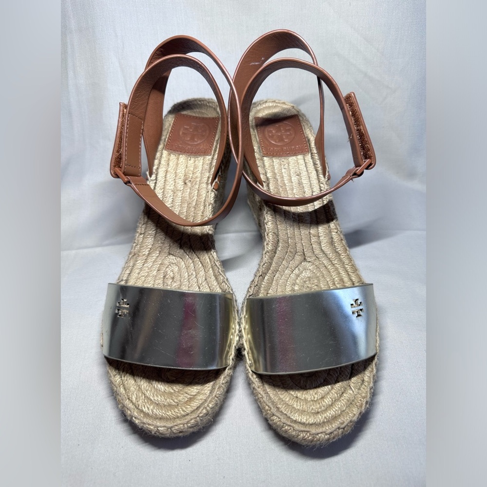 Tory Burch Wedge Espadrilles- Mirror Metallic /Calf Leather Strap Size 8